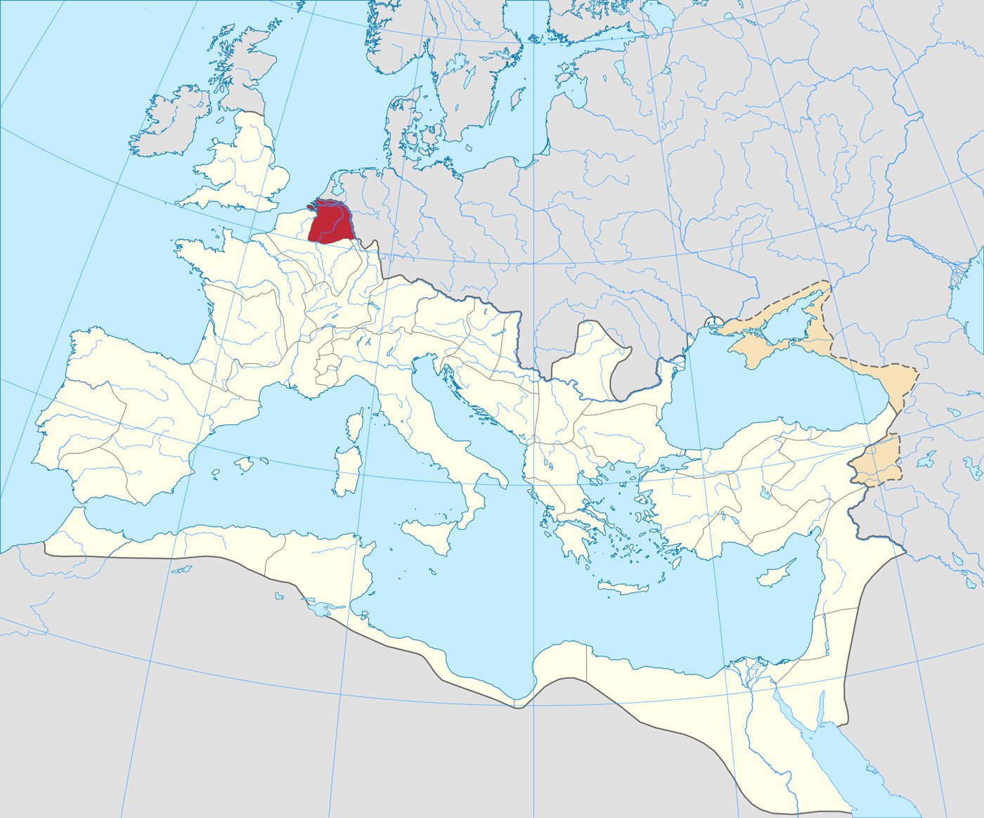 Kaart van het Romeinse Rijk rond 125 n.Chr. De provincie Germania Inferior, langs de Rijn in het huidige Nederland, is rood gekleurd.